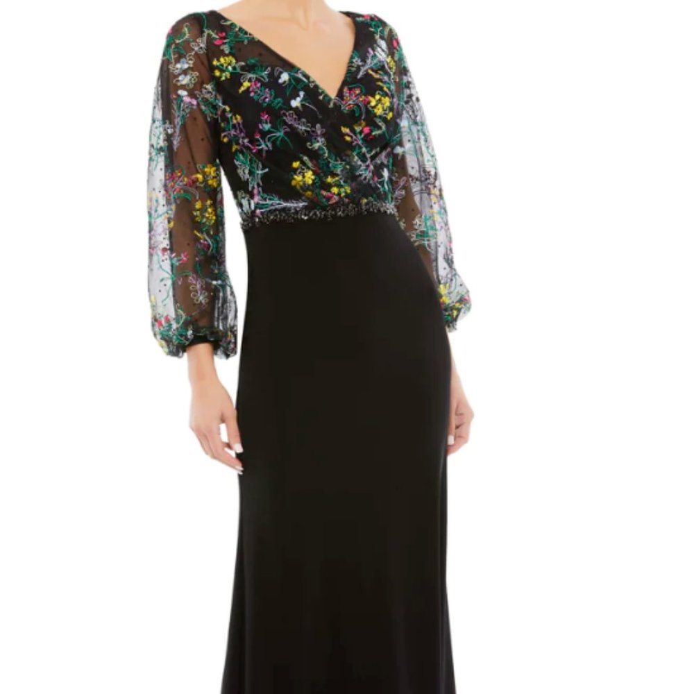 MAC DUGGAL 79379 EMBROIDERED ILLUSIONS PUFF LSEEVE COLUMN BLACK GOWN sz 14